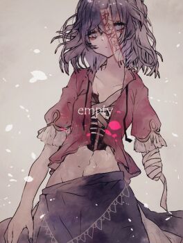 1girl amputee black_nails black_ribbon black_skirt closed_mouth commentary_request cowboy_shot english_text expressionless fingernails frilled_sleeves frills grey_background jiangshi looking_at_viewer medium_hair miyako_yoshika navel neck_ribbon ofuda one-hour_drawing_challenge open_clothes open_shirt purple_eyes purple_hair red_shirt ribbon ribs shinjitsu_no_kuchi shirt short_sleeves skirt solo touhou