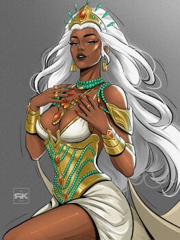 1girl black_lips blue_eyes bracelet breasts commentary dark-skinned_female dark_skin dress earrings english_commentary grey_background highres jewelry long_hair looking_at_viewer marvel marvel_rivals multiple_necklaces necklace official_alternate_costume rkreates shawl solo storm_(x-men) tiara white_hair x-men