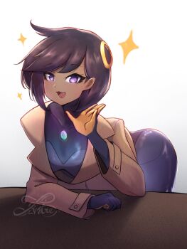 ass black_hair breasts dark-skinned_female dark_skin emma_(pokemon) fang gloves highres jacket long_sleeves looking_at_viewer lustercool nintendo pants pokemon pokemon_legends:_z-a purple_eyes short_hair table