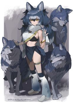 1girl animal_ears bandages bare_shoulders belt blue_hair boots bra bracelet cloak commentary_request dire_wolf_(kemono_friends) extra_ears full_body gloves grey_eyes grey_hair highres jewelry kemono_friends kunikuni_(kunihiro2005) long_hair looking_at_viewer nail_polish navel ribbon scarf simple_background skirt tail twintails underwear wolf wolf_ears wolf_girl wolf_tail