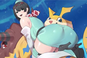 1girl armpit_crease bare_shoulders black_eyes black_hair breasts digimon digimon_(creature) digimon_story:_time_stranger dinosaur dress gloves goggles goggles_on_head green_dress green_hat greymon hat high_heels highres large_breasts maybe_its_mayvi patamon riding solo_focus white_gloves yuuki_kanan