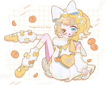 1girl aqua_eyes blonde_hair blush_stickers bonnet bow detached_sleeves doodle_background dress food frilled_dress frills fruit hair_ornament hairclip hand_on_own_cheek hand_on_own_face highres kagamine_rin large_bow leg_warmers legs_up looking_at_viewer niyu_(nennenkorori3) number_tattoo one_eye_closed orange_(fruit) puffy_sleeves shoes short_hair solo tattoo vocaloid yellow_bonnet yellow_nails yellow_shoes yellow_theme
