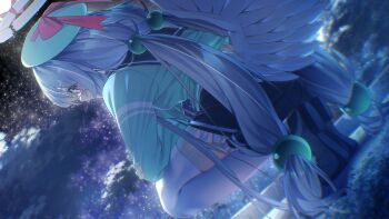 1girl angel angel_wings beret black_skirt broken_halo commentary_request dutch_angle feathered_wings full_body green_hat green_jacket hair_bobbles hair_ornament halo hat hat_ribbon jacket kneeling long_hair looking_at_viewer looking_back night original pink_eyes pink_ribbon quad_tails ribbon shiro_youduki skirt sky solo star_(sky) starry_sky twintails very_long_hair white_hair white_halo white_wings wings