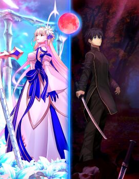 1boy 1girl absurdres ahoge antenna_hair archetype_earth archetype_earth_(third_ascension) arcueid_brunestud bare_shoulders black_hair blonde_hair blood blue_eyes blue_flower blue_gloves blue_ribbon commentary_request detached_sleeves fate/grand_order fate_(series) field flower flower_field flower_hairpin forest full_moon gloves gold_trim hair_between_eyes hair_intakes hair_ornament harukey highres holding holding_sword holding_weapon japanese_clothes katana long_hair long_sword looking_up marble_phantasm millennium_castle_(tsukihime) moon mystic_eyes_of_death_perception nanatsu-yoru nanaya_shiki nature official_alternate_costume red_moon ribbon standing sword tohno_shiki tsukihime tsukihime_(remake) very_long_hair wavy_hair weapon