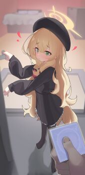 1girl absurdres bed beret black_hair black_pantyhose black_serafuku blonde_hair blue_archive blush bow closed_mouth commentary condom condom_wrapper door_handle doorway dorusan_02 dot_nose fingernails fluffy_hair frilled_skirt frills full_body furrowed_brow green_eyes halo hand_on_handle hands_up hat heart highres holding holding_condom loli long_hair long_sleeves looking_at_viewer looking_to_the_side loving_aura night no_shoes open_door pantyhose pillow pleated_skirt pov pov_doorway pov_hands professor_niyaniya_(blue_archive) red_bow red_ribbon ribbon school_uniform serafuku shadow skirt sleeves_past_wrists spoken_heart standing tareme very_long_hair wavy_hair yellow_halo