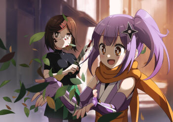 Rule 34 | 2girls, blood, blood on clothes, breasts, brown eyes, brown hair, fingerless gloves, glasses, gloves, hair ornament, hairclip, holding, holding knife, knife, koga konoha, kusagakure satoko, large breasts, leaf, long hair, looking at another, multiple girls, ninja, ninja to koroshiya no futarigurashi, nyoro (nyoronyoro000), open mouth, purple hair, scarf, short hair, shuriken hair ornament, side ponytail, skirt, sleeveless, smile, turtleneck