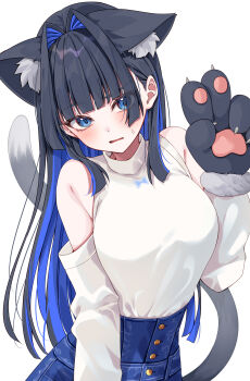1girl absurdres animal_ear_fluff animal_ears animal_hands black_hair blue_eyes blue_hair blue_pants blunt_bangs blunt_ends breasts cat_ears cat_girl cat_tail clothing_cutout colored_inner_hair commentary denim earrings gloves hair_intakes high-waist_pants highres hime_cut hololive hololive_english jeans jewelry kemonomimi_mode large_breasts long_hair long_sleeves looking_at_viewer mogu_(au1127) multicolored_hair official_alternate_costume official_alternate_hairstyle open_mouth ouro_kronii ouro_kronii_(casual) pants paw_gloves shirt shirt_tucked_in shoulder_cutout sidelocks simple_background sleeveless sleeveless_turtleneck solo tail turtleneck two-tone_hair upper_body very_long_hair virtual_youtuber white_background white_shirt