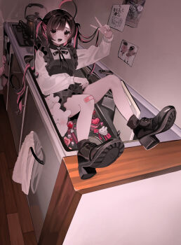 1girl absurdres ahoge bandaid bandaid_on_knee bandaid_on_leg black_dress black_eyes black_hair black_shoes blush commentary_request dress ear_piercing fang hanataro_(sruvhqkehy1zied) highres kitchen long_hair multicolored_hair open_mouth original piercing pinafore_dress pink_hair self-harm_scar shirt shoes sink sleeveless sleeveless_dress solo twintails two-tone_hair v white_shirt