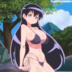 1girl animated arato_nagi artist_name bikini black_hair blue_sky bouncing_breasts breasts cleavage closed_mouth collarbone day earrings hair_between_eyes huge_breasts jewelry light_smile long_hair looking_at_viewer lowres mountain nature navel official_alternate_costume outdoors ruri_no_houseki side-tie_bikini_bottom sitting sky solo stomach strap_gap string_bikini stud_earrings swimsuit tagme thighs tree twistedgrim underboob very_long_hair video
