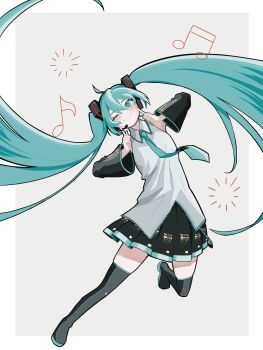 Rule 34 | 1girl, absurdly long hair, absurdres, ahoge, aono leo1, aqua eyes, aqua hair, aqua nails, aqua necktie, black boots, black skirt, blush, boots, border, closed mouth, collared shirt, commentary request, detached sleeves, eyelashes, fingernails, fingers to cheeks, full body, grey background, grey shirt, hair between eyes, hatsune miku, headset, highres, long hair, musical note, nail polish, necktie, one eye closed, shirt, simple background, skirt, smile, solo, twintails, very long hair, vocaloid, white border