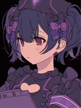1girl armband black_background blue_hair blush bow choppy_bangs clothing_cutout commentary_request expressionless frills hair_between_eyes hair_bow hat heart_cutout highres holding idolmaster idolmaster_shiny_colors looking_to_the_side morino_rinze multiple_hair_bows niyororinpayamaru nurse nurse_cap puffy_sleeves purple_armband red_eyes short_twintails simple_background solo twintails