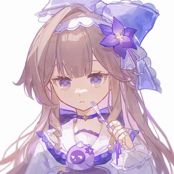 1girl absurdres brown_hair closed_mouth commentary_request dididi_laonian_ka doll_joints dress flower fork frown hair_flower hair_ornament hairband hand_up herta_(honkai:_star_rail) herta_(puppet)_(honkai:_star_rail) herta_(puppet)_(tea_break)_(honkai:_star_rail) herta_(simulated_universe_avatar)_(honkai:_star_rail) highres holding holding_fork honkai:_star_rail honkai_(series) joints long_hair long_sleeves looking_at_viewer nail_polish official_alternate_costume portrait purple_flower purple_nails simple_background solo white_background white_dress white_hairband