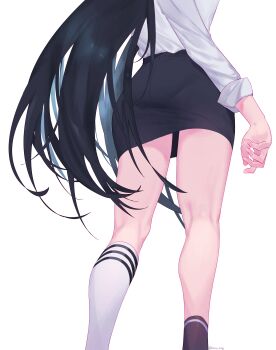 Rule 34 | 1girl, absurdres, asymmetrical legwear, black hair, black skirt, dandelion (girls' frontline), eonsang, girls' frontline, highres, long hair, long sleeves, mismatched socks, pencil skirt, shirt, shirt tucked in, simple background, skirt, socks, solo, thighs, twitter username, uneven legwear, very long hair, white background, white shirt, white socks