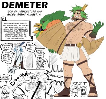 2boys brown_gloves brown_hair character_name chest_hair commentary cornucopia demeter_(mythology) doodle_inset english_commentary english_text facial_hair father_and_son food fruit full_body genderswap genderswap_(ftm) gloves goatee gradient_gloves greek_mythology green_eyes green_gloves green_hair grin hades_(mythology) headband highres holding lightning_glare male_focus menacing_(jojo) multicolored_eyes multicolored_hair multiple_boys muscular muscular_male original persephone_(mythology) pumpkin sad sandals skinny skirt smile solo_focus speech_bubble standing stare_down topless_male trap two-tone_gloves two-tone_hair vegetable wanderjegson wheat white_skirt withered yellow_eyes zeus_(mythology)