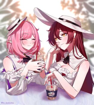 2girls absurdres alternate_costume breasts brown_hair chinese_commentary cleavage closed_eyes closed_mouth commentary_request cup disposable_cup dress dyadyadya earrings eden_(honkai_impact) elf elysia_(honkai_impact) elysia_(miss_pink_elf)_(honkai_impact) elysia_(sweet_memories)_(honkai_impact) hair_between_eyes hat highres holding holding_cup honkai_(series) honkai_impact_3rd jewelry kiana_kaslana kiana_kaslana_(sweet_memories) large_breasts long_hair looking_at_another multiple_girls official_alternate_costume pink_hair pointy_ears revision smile sun_hat table tilted_headwear twitter_username upper_body white_background white_dress white_hat yellow_eyes yuri
