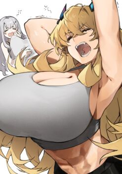 2girls abs alternate_costume arms_up barghest_(fate) blonde_hair blush_stickers breasts cleavage closed_eyes crop_top crossed_bangs fangs fate/grand_order fate_(series) forked_eyebrows grey_hair grey_shirt hair_between_eyes hair_ornament hairclip hand_to_own_mouth hand_up highres holding holding_pillow horns huge_breasts long_hair melusine_(fate) midriff multiple_girls navel open_mouth pillow shirt simple_background sleeveless sleeveless_shirt squeans stretching tearing_up teeth toned toned_female tongue white_background yamabuki_otk yawning