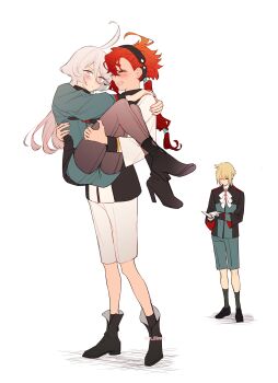 1boy 2girls absurdres ahoge arms_around_neck ascot black_footwear black_hair blonde_hair blush book boots carrying closed_eyes elan_ceres full_body grey_eyes grey_hair grey_pants grey_shorts gundam gundam_suisei_no_majo hair_between_eyes high_heel_boots high_heels highres hinamori_(m_nmy01) holding holding_book jacket long_hair long_sleeves looking_down miorine_rembran multi-tied_hair multicolored_jacket multiple_girls open_mouth pants princess_carry puffy_long_sleeves puffy_sleeves reading red_hair sequential short_hair short_hair_with_long_locks shorts smile standing suletta_mercury white_ascot white_background white_jacket white_shorts