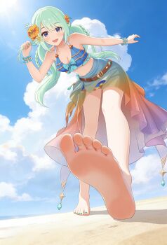 1girl absurdres barefoot beach blue_eyes blush breasts chika_(princess_connect!) cleavage feet green_hair highres kaenbyou_lin long_hair looking_at_viewer open_mouth princess_connect! soles toes