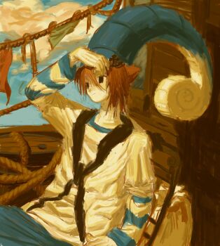 Rule 34 | 1girl, androgynous, black eyes, boat, brown hair, cloud, empty eyes, hair ornament, hat, highres, looking to the side, orange hair, original, rope, shirt, sky, solo, striped clothes, striped shirt, tortoisequeef, watercraft