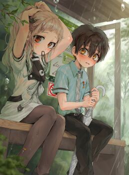 Rule 34 | 1boy, 1girl, adjusting hair, arms behind head, arms up, belt, belt buckle, black belt, black hair, blush, bow, bowtie, breast pocket, breasts, buckle, bus stop, bus stop shelter, collared shirt, commentary request, dress, flat chest, gakuseibou, gradient hair, hair lift, hair ornament, hair tie, hair tie in mouth, hairdressing, hanako (jibaku shounen hanako-kun), hand in own hair, hands in own hair, hat, highres, holding, holding own hair, holding umbrella, jibaku shounen hanako-kun, korean commentary, long hair, looking at another, looking at viewer, magatama, magatama hair ornament, mouth hold, multicolored hair, necktie, object in pocket, orange eyes, outdoors, pants, pantyhose, pen, pocket, ponytail, ra zmb, red eyes, sailor collar, sailor dress, school uniform, shirt, short hair, short sleeves, small breasts, striped bow, tying hair, umbrella, very long hair, water drop, wet, wet clothes, white hair, yashiro nene