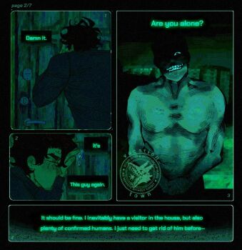 2boys :d arms_behind_back black_hair commentary crossover dark door english_text green_theme grin head_tilt intruder_(no_i'm_not_a_human) multiple_boys night no_i'm_not_a_human omniscient_reader's_viewpoint open_mouth parody partially_shaded_face pectorals red_eyes sharp_teeth short_hair smile squinting teeth toned toned_male topless_male vacation_town yoo_joonghyuk