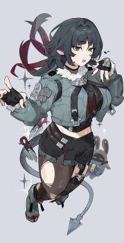 1girl absurdres animal_ears bangboo_(zenless_zone_zero) commentary_request fur-trimmed_jacket fur_trim garter_straps high-waist_shorts highres jacket jane_doe_(zenless_zone_zero) long_tail mechanical_tail mouse_ears necktie pantyhose red_nails sharp_tail shorts single_garter_strap single_leg_pantyhose solo tail torn_clothes torn_pantyhose two-tone_necktie umiinu_(umi_inu11) zenless_zone_zero