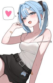 1girl :o absurdres arahashi_tabi arm_at_side arm_support bandaid bandaid_on_arm belt belt_buckle black_belt black_bow black_nails black_skirt blue_eyes blue_hair blush bow breasts buckle camisole cleavage commentary double-parted_bangs double_strap_slip fang fingernails hair_bow hair_ornament hairclip hand_up heart highres leaning_to_the_side looking_at_viewer medium_breasts medium_hair miniskirt nail_polish navel open_mouth parallel_hairclips pungdangi_(arahashi_tabi) seuhu side_ponytail sidelocks simple_background skirt solo spaghetti_strap spoken_heart stellive straight_hair strap_slip sweat virtual_youtuber white_background white_camisole