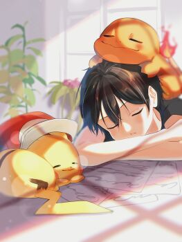 1boy black_hair charmander closed_eyes commentary_request fire flame-tipped_tail gen_1_pokemon hat highres letter male_focus nintendo nose_bubble pikachu pokemon pokemon_(creature) pokemon_frlg pokemon_on_back red_(pokemon) short_hair sleeping solo tail unworn_hat unworn_headwear violet_(mesy4285)