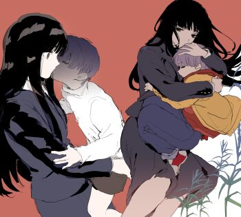 1boy 1girl age_difference black_eyes black_hair black_shorts blazer blue_jacket blue_pants blue_skirt blunt_bangs boku_no_chikyuu_o_mamotte closed_eyes collared_shirt dal-gi denim fetal_position floating_hair hand_on_another's_arm hand_on_another's_head hetero highres hood hoodie hug jacket jacket_over_hoodie jeans kiss kobayashi_rin long_hair long_sleeves looking_ahead looking_down medium_skirt multiple_views no_mouth onee-shota open_clothes open_jacket pants plant purple_hair red_background red_hoodie sakaguchi_alice school_uniform shirt shoes short_hair short_shorts shorts sketch skirt sneakers straight_hair surprise_kiss surprised turtleneck white_shirt wide-eyed yellow_jacket