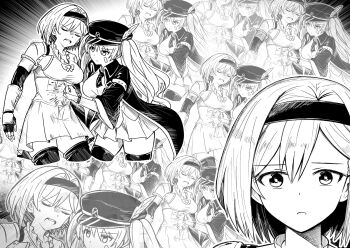 Rule 34 | 2girls, bandaid, bandaid on cheek, bandaid on face, closed mouth, djeeta (granblue fantasy), granblue fantasy, greyscale, hairband, hat, highres, long hair, medium hair, monika weisswind, monochrome, multiple girls, open mouth, peaked cap, punching, stomach punch, thighhighs, twintails, usugiri bacon