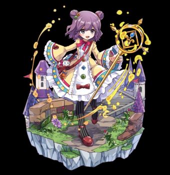 1girl bag black_background black_pantyhose blush bow breasts brick_wall building double_bun dress flats flower full_body grey_eyes hair_between_eyes hair_bun highres holding holding_staff kanan_(merc_storia) long_sleeves merc_storia merc_storia_art_team official_art open_mouth outstretched_arm pantyhose purple_hair red_bow red_shoes shoes sidelocks simple_background small_breasts smile solo staff stairs standing striped_clothes striped_pantyhose tachi-e vertical-striped_clothes vertical-striped_pantyhose wide_sleeves yellow_dress