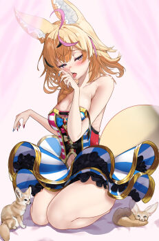 1girl animal_ears bad_tag dress fennec hololive licking licking_hand naughty_face omaru_polka saliva saliva_trail suggestive_look tail takobuta thick_thighs thighs virtual_youtuber