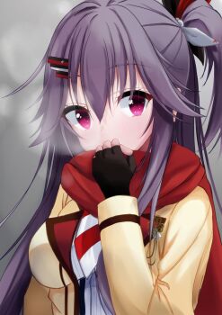 1girl absurdres black_gloves black_ribbon blush breasts breath commentary_request covering_own_mouth eyelashes fingerless_gloves gloves grey_background grey_hair hair_between_eyes hair_ornament hair_ribbon hairclip hanasaki_work_spring hand_up highres jacket kiki0319i long_hair long_sleeves looking_at_viewer medium_breasts one_side_up open_clothes open_jacket parallel_hairclips red_eyes red_scarf ribbon scarf school_uniform shiranui_inori shirt sidelocks simple_background solo upper_body very_long_hair white_ribbon white_shirt yellow_jacket