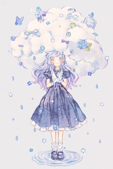 1girl :o artist_name black_dress black_shoes blush bug butterfly candy cloud cloud_umbrella commentary_request dress flower food frog full_body green_eyes grey_background holding holding_umbrella hydrangea insect lollipop long_hair looking_at_viewer mary_janes medium_dress original parted_lips puddle puffy_short_sleeves puffy_sleeves purple_butterfly purple_flower purple_hair rain ribbon ryokuno_green shoes short_sleeves simple_background socks solo sparkle standing umbrella watermark white_socks