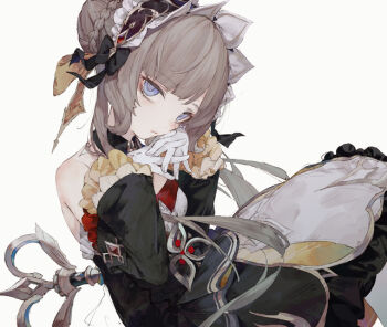 1girl black_dress blue_eyes braid brown_hair bun_with_braided_base detached_sleeves dolphro-kun dress expressionless frilled_sleeves frills genshin_impact gloves hair_bun hairband head_tilt looking_at_viewer own_hands_together sandrone_(genshin_impact) short_hair_with_long_locks simple_background single_hair_bun solo white_background white_gloves