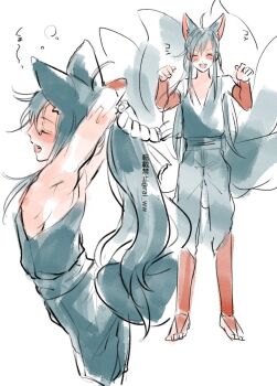 1boy adapted_costume ahoge alternate_costume amana_raika androgynous animal_ears armpits arms_up bishounen black_hair black_pants black_shirt blush closed_eyes commentary_request fangs fox_boy fox_ears fox_tail full_body hands_up kemonomimi_mode kitsune kyuubi long_hair male_focus modao_zushi multiple_tails multiple_views nipples open_mouth pants paw_pose ponytail shirt sidelocks simple_background sketch sleeveless sleeveless_shirt smile squeans standing stretching tail toeless_legwear twitter_username wei_wuxian white_background yawning