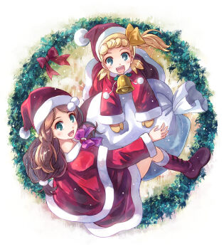 10s 2girls bell blonde_hair bonnie_(pokemon) boots bow brown_hair gloves green_eyes hair_bow hair_ornament hair_ribbon hat jingle_bell long_hair multiple_girls nintendo pokemon pokemon_(anime) pokemon_xy ribbon sack santa_costume santa_hat serena_(pokemon) yakka