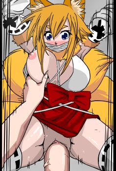 Rule 34 | 1boy, 1girl, animal ears, apoelayoshi7, blonde hair, blue eyes, bound, breasts, derivative work, fox ears, fox girl, fox tail, gagged, hetero, highres, huge penis, humanization, japanese clothes, kimono, large breasts, long hair, luz ninetei, mark gavatino, monster musume no iru nichijou, nipples, penis, redrawn, sex, simple background, tail, traced, vaginal
