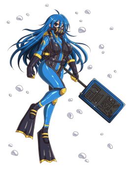 1girl absurdres ahoge black_gloves blu_pyro_(tf2) blue_bodysuit blue_eyes blue_hair bodysuit breasts commission emperpep full_body genderswap genderswap_(otf) gloves highres holding knee_pads large_breasts long_hair looking_at_viewer mask pyro_(tf2) pyro_shark respirator scuba scuba_gear scuba_tank second-party_source simple_background solo team_fortress_2 white_background