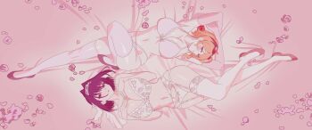 2girls arms_behind_head arms_up ballet_slippers black_hair blonde_hair bra breasts cleavage floral_print_bra garter_belt garter_straps hands_on_own_chest highres hololive hololive_english hololive_indonesia huge_breasts kaela_kovalskia lingerie lying midriff multi-strapped_panties multiple_girls neige_(pixiv6850453) on_back on_blanket ouro_kronii panties pink_bra pink_thighhighs red_shoes shoes short_hair thighhighs underwear white_thighhighs