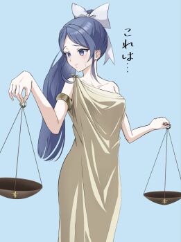 1girl armlet blue_background blue_eyes blue_hair bow brown_dress closed_mouth dress hair_bow high_ponytail highres hiumi_nanoka holding_scale jewelry long_hair ponytail shine_post solo sweatdrop t235711taiga translation_request white_bow