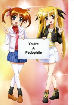 2girls absurdres bare_legs black_jacket black_shoes black_socks blazer blonde_hair blue_eyes blue_skirt blush brown_hair brown_shoes brown_socks child collarbone dot_nose english_text fate_testarossa female_focus full_body highres holding holding_sign hood hooded_jacket hoodie jacket jewelry kneehighs legs loli long_hair long_sleeves looking_at_viewer lyrical_nanoha mahou_shoujo_lyrical_nanoha megami_magazine miniskirt multiple_girls necklace official_art okuda_yasuhiro open_mouth pedophile pencil_skirt pleated_skirt pointing red_eyes red_shirt scan sexually_suggestive shirt shoes short_twintails sign sign_holding skirt smile socks takamachi_nanoha thighhighs thighs third-party_edit twintails white_jacket white_skirt white_thighhighs yellow_shirt zettai_ryouiki