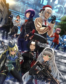 2boys 6+girls adjusting_eyewear anti-materiel_rifle artificial_eye batou_(gits) black_coat black_dress black_gloves black_hair black_pants blonde_hair blue_hair boys_(girls&#039;_frontline) boys_anti_tank_rifle braid breasts closed_mouth coat commentary_request crossdressing crossover cyborg dress ezaki_purin fingerless_gloves full_body ghost_in_the_shell ghost_in_the_shell:_sac_2045 girls&#039;_frontline glasses gloves green_eyes gun h&amp;k_hk433 hairband half_gloves hand_in_pocket handgun hat highres hk433_(girls&#039;_frontline) holding holding_gun holding_weapon kusanagi_motoko large_breasts leotard long_hair looking_at_viewer medal mizukane_suzuka mp5_(girls&#039;_frontline) multicolored_leotard multiple_boys multiple_girls muscular muscular_male non-humanoid_robot one_eye_closed ouga_(user_ctzw2237) pants purple_hair qbu-191_(girls&#039;_frontline) red_eyes red_shirt rifle robot scope serious shimamura_takashi shirt skirt smile sniper_rifle spider_tank striped_clothes striped_leotard tachikoma upper_body v vertical-striped_clothes vertical-striped_leotard weapon