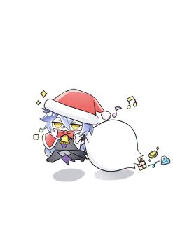 1boy bell black_boots blue_hair boots bow bowtie box capelet christmas coin crossed_bangs diamond_(gemstone) double-parted_bangs flins_(genshin_impact) fur_trim genshin_impact gift gift_box happy_aura hat highres holding holding_sack jitome long_hair male_focus musical_note neck_bell red_bow red_bowtie red_capelet sack santa_hat simple_background sogac_jp solo very_long_hair white_background white_fur yellow_eyes