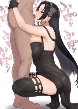 1boy 1girl a_mezashi black_dress black_gloves black_hair black_thighhighs blue_eyes boa_hancock breast_press breasts censored commission cosplay deepthroat dress earrings fellatio fingerless_gloves from_side gloves hetero highres hug_and_suck jewelry large_breasts long_hair looking_at_viewer looking_to_the_side mosaic_censoring one_piece oral penis sideboob simple_background skeb_commission sleeveless sleeveless_dress snake_earrings spy_x_family squatting sweat thighhighs yor_briar yor_briar_(cosplay)