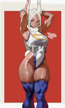 1girl absurdres animal_ears armpits arms_up bare_shoulders boku_no_hero_academia border breasts clothing_cutout commentary covered_abs covered_navel crescent_print dark-skinned_female dark_skin fur_collar gloves highleg highleg_leotard highres large_breasts leotard long_eyelashes long_hair looking_at_viewer mirko parted_bangs purple_thighhighs rabbit_ears rabbit_girl rabbit_tail red_background red_eyes solo tail tail_through_clothes taut_leotard the_antin thick_thighs thigh_gap thighhighs thighs toned toned_female very_long_hair white_border white_gloves white_hair white_leotard