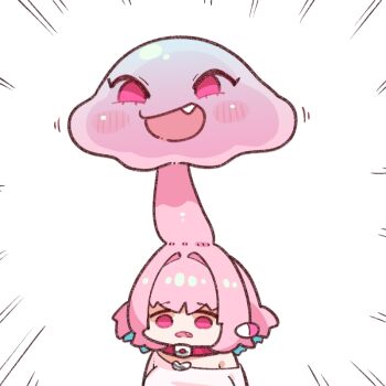 blue_hair blush_stickers collar earrings emphasis_lines fang idolmaster idolmaster_cinderella_girls jewelry light_blue_hair multicolored_hair mushroom mushroom_on_head open_mouth parasite pill_earrings pink_eyes pink_hair pink_shirt shirt short_hair smug solo takato_kurosuke two-tone_hair upper_body white_background yumemi_riamu