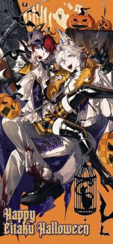 2boys absurdres aizendai animal_ears aotsuki_eito black_boots black_choker black_gloves black_hair black_shoes black_shorts blood blood_on_clothes blood_on_face blue_eyes boots chain chinese_commentary choker claw_pose commentary commentary_request english_commentary eyelashes fangs fur-trimmed_jacket fur_trim gloves grey_hair halloween happy_halloween high_heel_boots high_heels highres jack-o&#039;-lantern jacket lace-up_boots male_focus mask mask_on_head mixed-language_commentary multicolored_hair multiple_boys open_mouth orange_shorts pants red_hair shoes short_hair shorts sitting smile streaked_hair striped_clothes striped_shorts sumino_takumi the_hundred_line_-last_defense_academy- thigh_boots two-tone_hair two-tone_shorts white_jacket white_pants wolf_ears wolf_mask yaoi