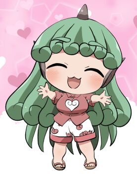 1girl :3 :d ^_^ blush breasts chibi chibi_only closed_eyes collared_shirt commentary_request curly_hair facing_viewer full_body green_hair heart highres horns komainu_ears komainu_girl komano_aunn long_hair open_mouth outstretched_arms pink_background red_shirt rokugou_daisuke sandals shirt short_sleeves shorts signature single_horn smile solo standing touhou white_shorts