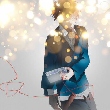 1boy alternate_costume bloom blue_jacket brown_hair closed_eyes collared_shirt commentary_request guilty_crown highres holding holographic_monitor holographic_touchscreen isca jacket ouma_shuu prosthesis prosthetic_arm shirt short_hair smile solo spoilers star_(symbol) string string_around_finger string_of_fate white_shirt